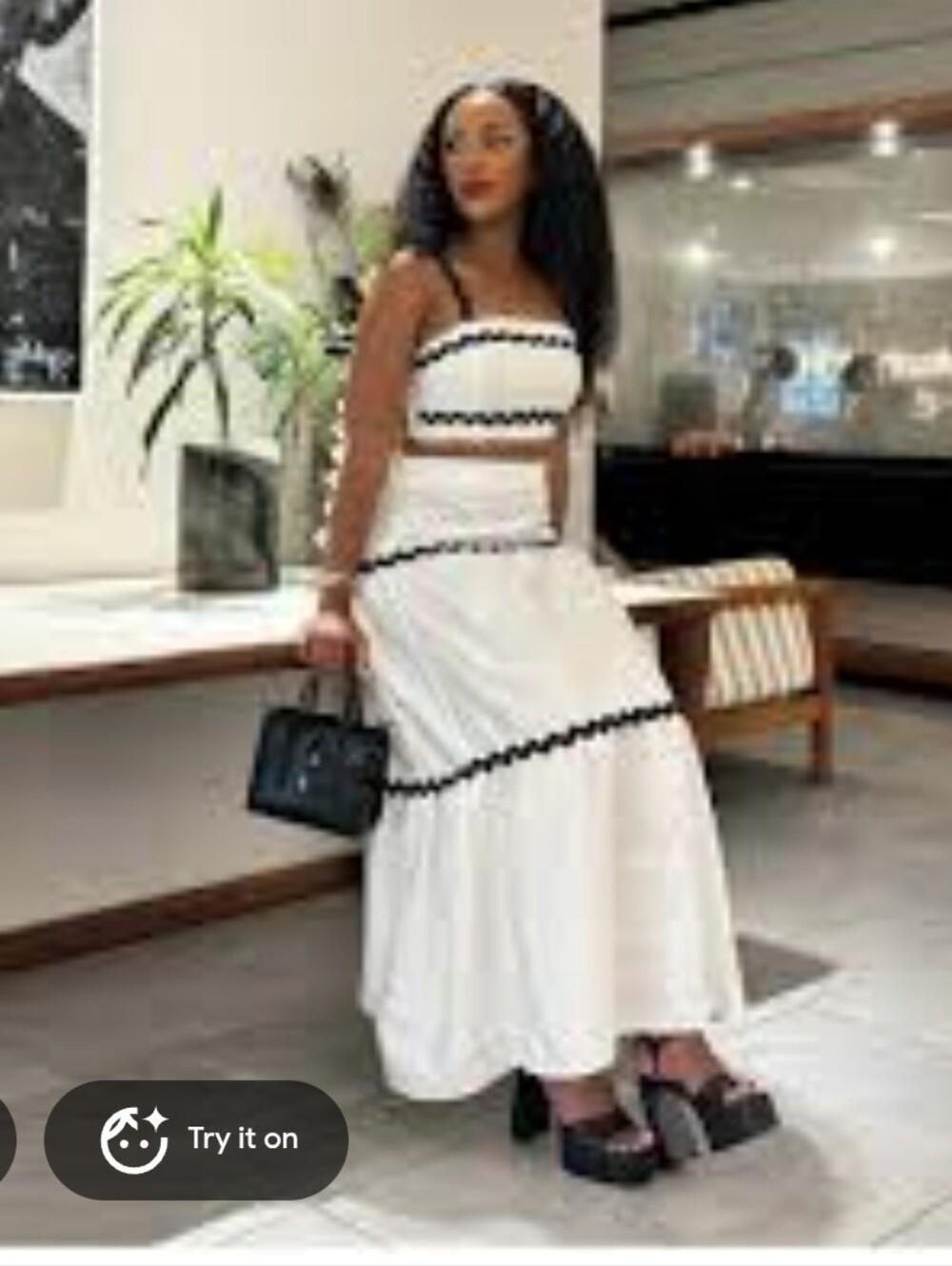 White Tiered Two Piece Skirt Set  with Black Trim